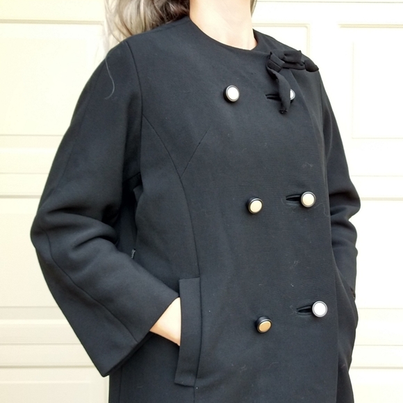 BLACK WOOL WEAVE COAT vintage 1960's 60's S M - Picture 6 of 10